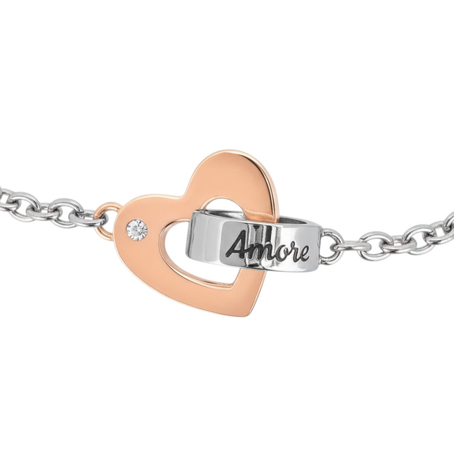 Tempo A Tempo bicolore acciaio bracciale con cuore centrale e cristalli, parola "Amore" incisa.