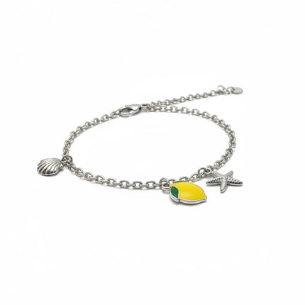 Tempo A Tempo Bracciale da donna in acciaio argentato con charm a forma di limone smaltato, conchiglia e stella marina.