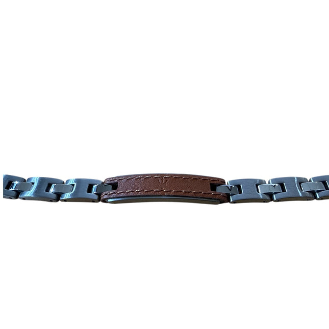 Bracciale Tempo A Tempo Maserati da uomo in acciaio scuro e inserto in pelle marrone con logo impresso