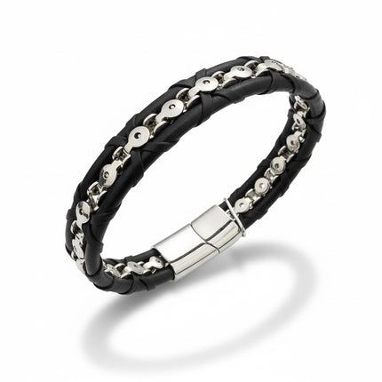 Bracciale Tempo A Tempo modello Biker in pelle nera intrecciata con catena in acciaio argento e chiusura magnetica