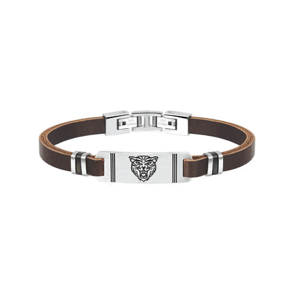 Bracciale uomo Tempo A Tempo 2Jewels in pelle marrone con placca centrale in acciaio e incisione lupo