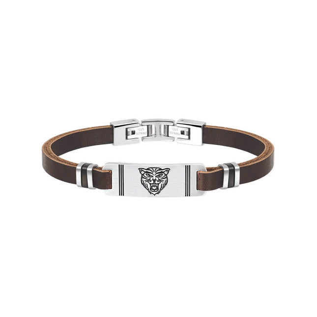 Bracciale uomo Tempo A Tempo 2Jewels in pelle marrone con placca centrale in acciaio e incisione lupo