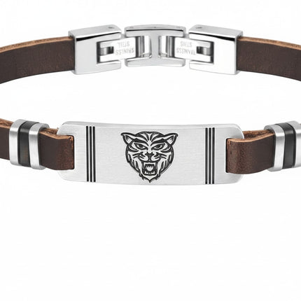 Bracciale uomo Tempo A Tempo 2Jewels in pelle marrone e acciaio con placca centrale raffigurante un lupo