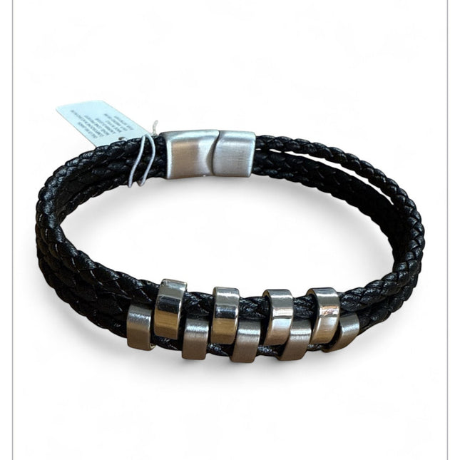 Bracciale uomo Tempo A Tempo con tripla treccia nera in similpelle e anelli decorativi in acciaio inox satinato