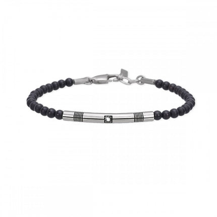 Bracciale uomo Tempo A Tempo 2Jewels in acciaio con sfere di onice nero e dettaglio centrale con zircone luminoso