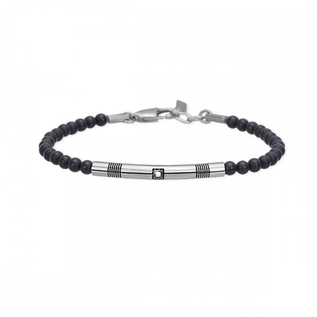 Bracciale uomo Tempo A Tempo 2Jewels in acciaio con sfere di onice nero e dettaglio centrale con zircone luminoso
