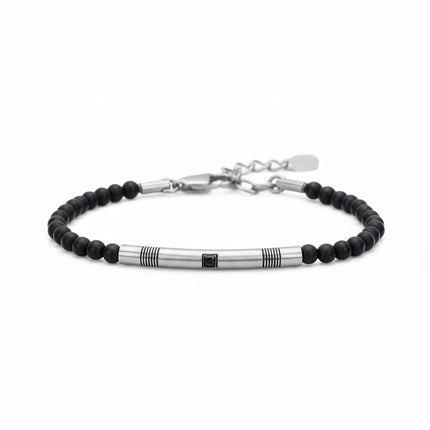Bracciale uomo Tempo A Tempo 2Jewels in acciaio con sfere di onice nero e dettaglio centrale con zircone