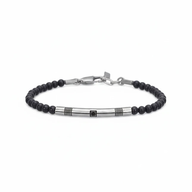 Bracciale uomo Tempo A Tempo 2Jewels in acciaio con sfere di onice nero e dettaglio centrale con zircone