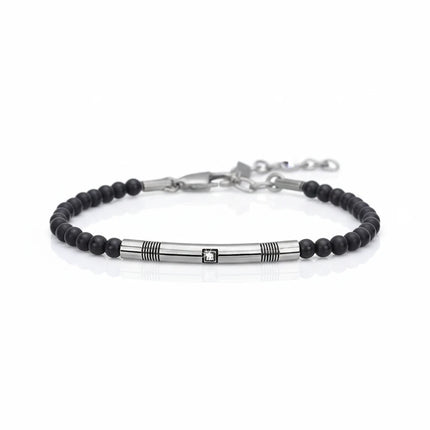 Bracciale uomo Tempo A Tempo 2Jewels in acciaio con sfere di onice nero e dettaglio centrale con zircone luminoso