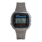 Tempo A Tempo silver stainless steel Casio A168WA-1YES digital watch with Illuminator and vintage style.