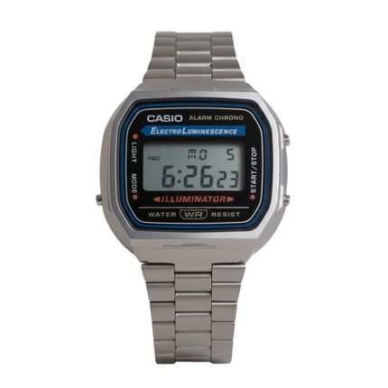 Tempo A Tempo Casio A168WA-1YES silver stainless steel digital watch with Illuminator and vintage style.