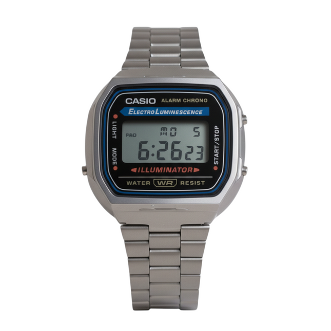 Tempo A Tempo Casio A168WA-1YES silver stainless steel digital watch with Illuminator and vintage style.