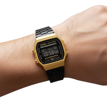 Tempo A Tempo Casio A168WEGB-1BEF gold digital watch with black stainless steel band and illuminator.