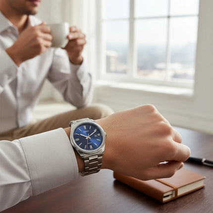 Tempo A Tempo Casio MTP1302PD-2AVEF analog watch with blue dial and stainless steel bracelet worn by a man in a shirt