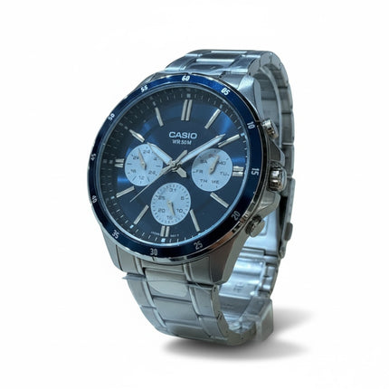 Tempo A Tempo Casio MTP-1374D men's watch with a blue multifunction dial and stainless steel bracelet