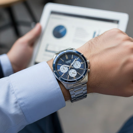 Tempo A Tempo Casio MTP-1374D watch with blue dial and stainless steel bracelet worn on a man's wrist in an office
