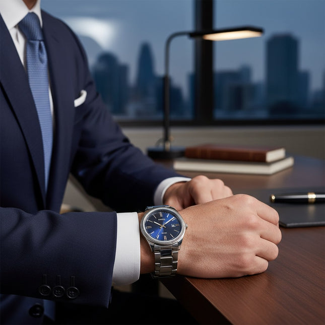 Tempo A Tempo Casio MTP1302PD-2AVEF analog watch with blue dial and stainless steel bracelet worn by a man in a suit