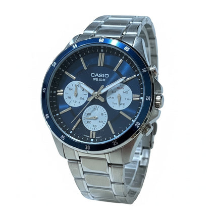 Tempo A Tempo Casio MTP-1374D men's watch with a blue dial, stainless steel bracelet, and multifunction sub-dials.