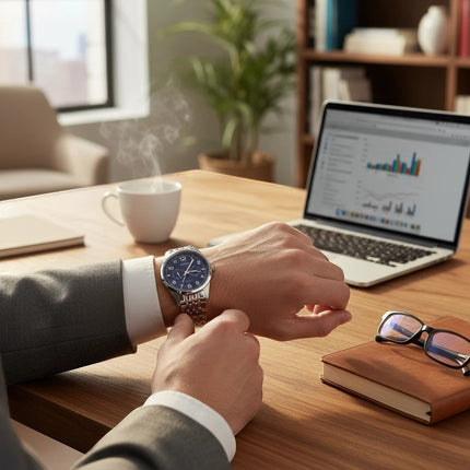 Tempo A Tempo Casio MTP-E340D-2AVDF watch with blue dial and steel bracelet worn by a professional in an office setting