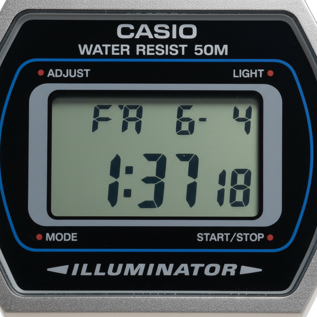 Tempo A Tempo men's silver stainless steel digital watch with a retro square face and Illuminator backlight.