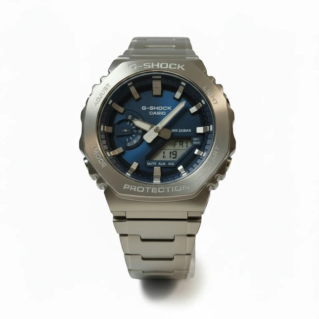 Orologio Tempo A Tempo Casio G-Shock full metal in acciaio con quadrante blu analogico-digitale e cassa ottagonale