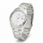 Tempo A Tempo Casio analog men's watch with white dial, stainless steel bracelet, and date window. Elegant and classic.