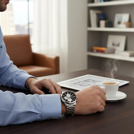 Tempo A Tempo Casio men's chronograph watch with black dial and stainless steel bracelet worn in an office setting.