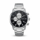Tempo A Tempo Casio men's chronograph watch with a black dial, silver stainless steel case, and matching bracelet.