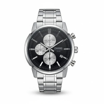 Tempo A Tempo Casio men's chronograph watch with a black dial, silver stainless steel case, and matching bracelet.