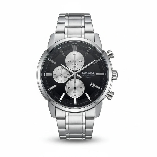 Tempo A Tempo Casio men's chronograph watch with a black dial, silver stainless steel case, and matching bracelet.
