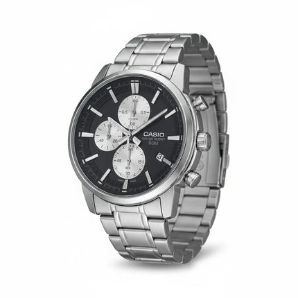 Tempo A Tempo Casio men's chronograph watch with a black dial, silver stainless steel case, and matching bracelet.
