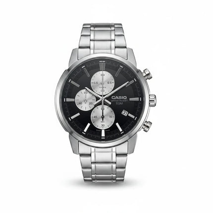 Tempo A Tempo Casio men's chronograph watch with a black dial, silver stainless steel case, and date display.