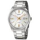 Tempo A Tempo men's silver stainless steel analog watch with white dial, gold markers, and date window.
