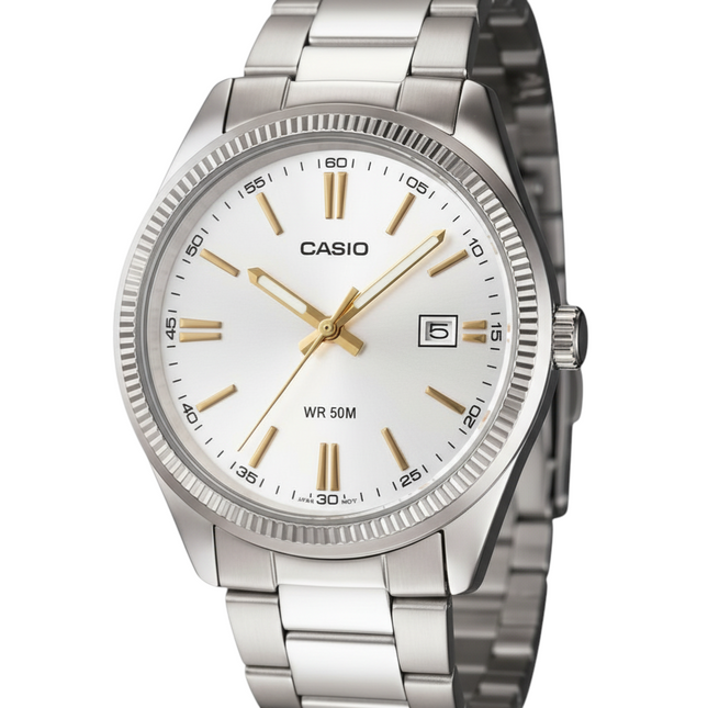 Tempo A Tempo men's silver stainless steel watch with white dial, gold markers, and date window. WR 50M.