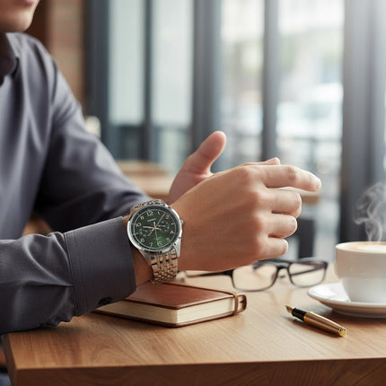 Orologio da uomo Casio MTP-E340D-3AVDF con quadrante verde, cassa e bracciale in acciaio inossidabile, funzioni giorno/data.