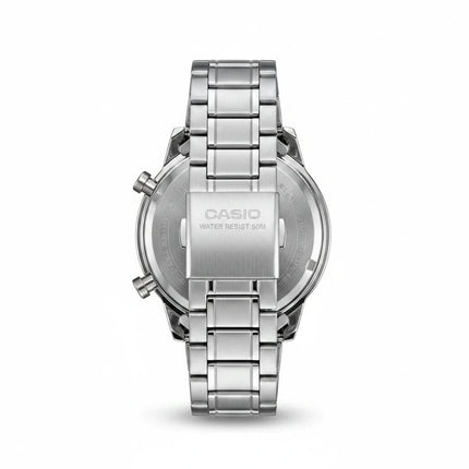 Tempo A Tempo Casio men's chronograph watch showing the stainless steel bracelet and case back detail.