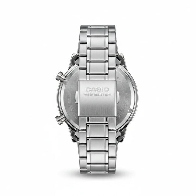 Tempo A Tempo Casio men's chronograph watch showing the stainless steel bracelet and case back detail.