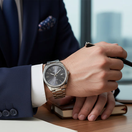 Tempo A Tempo Casio MTP1302PD-1A1VEF stainless steel analog watch with grey dial worn by a man in a suit