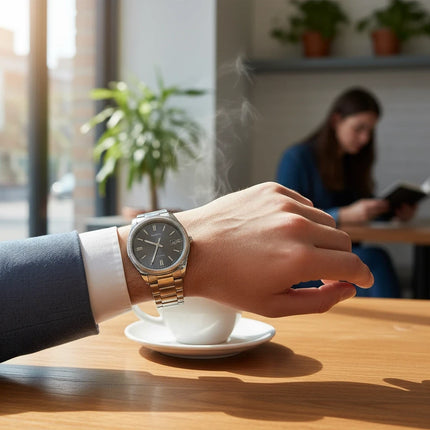 Tempo A Tempo Casio MTP1302PD-1A1VEF watch with grey dial and stainless steel bracelet worn by a man in a suit