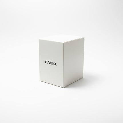 Tempo A Tempo white Casio branded watch presentation box on a plain background