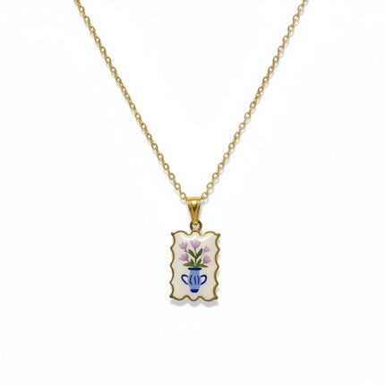 Collana Tempo A Tempo in acciaio dorato con ciondolo rettangolare smaltato raffigurante un vaso di fiori