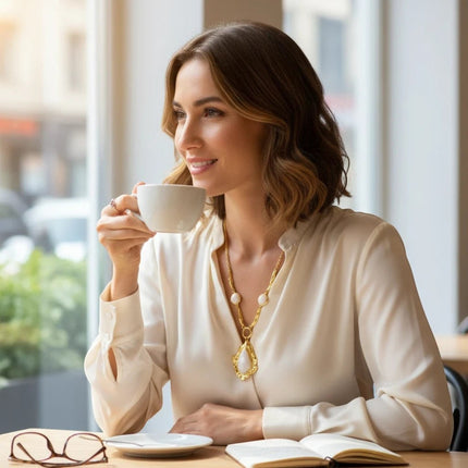Donna sorridente indossa la collana Tempo A Tempo Shelly in acciaio dorato con ciondolo in resina bianco latte