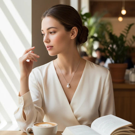 Donna indossa collana Tempo A Tempo in acciaio con ciondolo simil perla e cristallo bianco, stile elegante e raffinato.