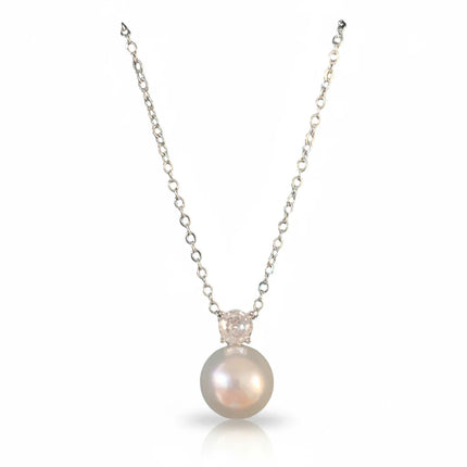 Collana donna Tempo A Tempo in acciaio con ciondolo a simil perla e cristallo bianco, lunghezza 45cm.