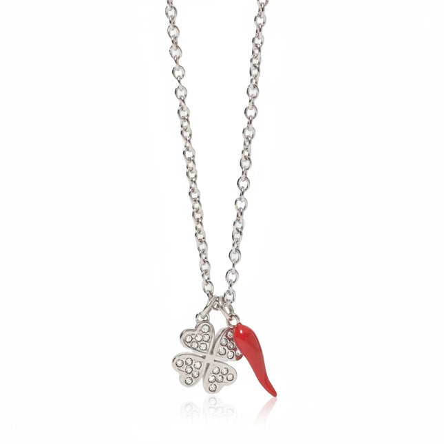 Collana Tempo A Tempo 2Jewels in acciaio con ciondoli cornetto rosso e quadrifoglio luminoso con strass