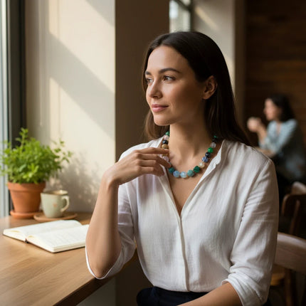 Donna indossa collana girocollo Tempo A Tempo Shelly in agata naturale sfaccettata multicolore in un caffè luminoso