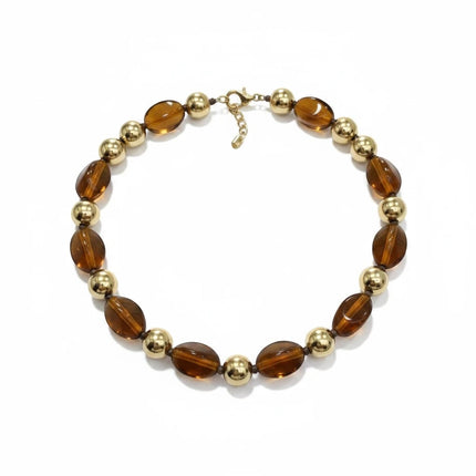 Tempo A Tempo Collana girocollo da donna con pietre ambra ovali e sfere dorate, montatura oro.