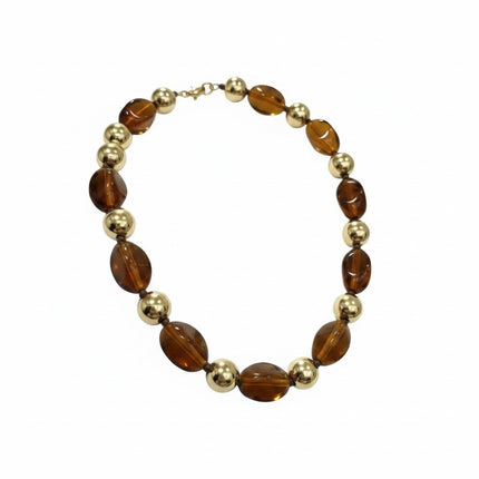 Tempo A Tempo Collana girocollo da donna con pietre ambra sfumate e sfere dorate lucide, montatura oro.