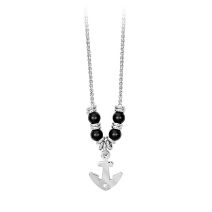 Collana uomo Tempo A Tempo 2Jewels in acciaio con ciondolo a forma di ancora e perle nere, lunghezza 50 cm