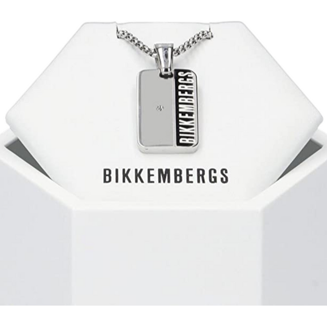 Collana uomo Tempo A Tempo Bikkembergs in acciaio con piastrina, logo e diamante 0,01ct su espositore bianco